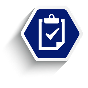 Employee benefit services compliance, blue hexagon with clipboard with check mark.