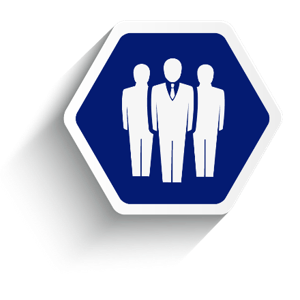 Employee benefit services HR services, blue hexagon with three people in it.
