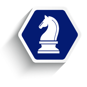 Employee benefit services strategy, blue hexagon with knight chess piece.