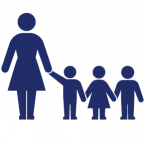 Childcare and daycare insurance icon, blue woman with three children next to her.