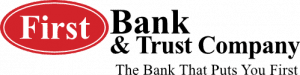 First bank and trust company logo, red oval encircling"First" with remaining text in black letters.