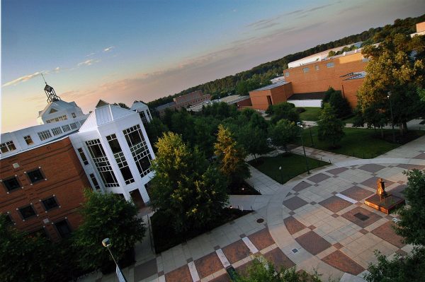 Fairfax, VA George Mason University, aerial view of the Johnson Center with sunrise.