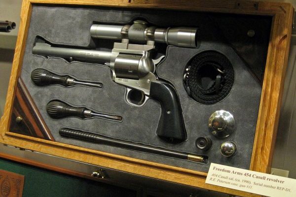 Fairfax, VA National Firearms Museum, stainless revolver in display box.