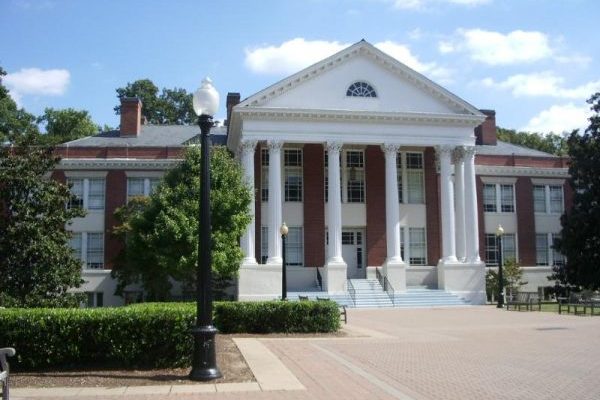 Fredericksburg, VA University of Mary Washington, two story brick building with large white Greek columns forming covered portico.