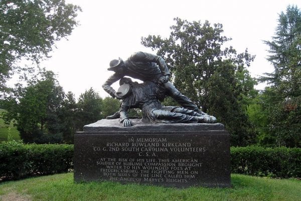 Fredericksburg, VA Fredericksburg & Spotsylvania National Military Park, Richard Kirkland memorial, bronze statue of man giving water to a wounded soldier.