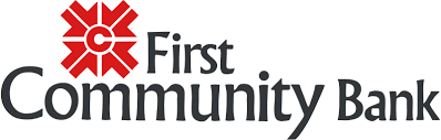 First Community Bank Logo, four red arrows pointing inward toward a red C, black lettering.