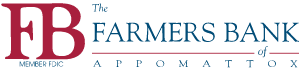 The Farmers Bank of Appomattox logo, burgundy capital FB with trailing blue letters.