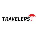 Travelers Insurance Logo, black all caps boldface lettering with red umbrella at end.