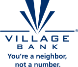 Village Bank logo, dark blue double V over blue letters.