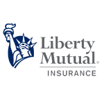 Blue statue of liberty outline with gray Liberty Mutual Insurance next to it.
